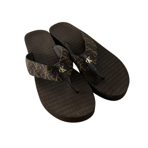 Calvin Klein Platform Flip Flop Shoes Womens Size 8M Brown Monogram CK Sandals - Picture 1 of 8